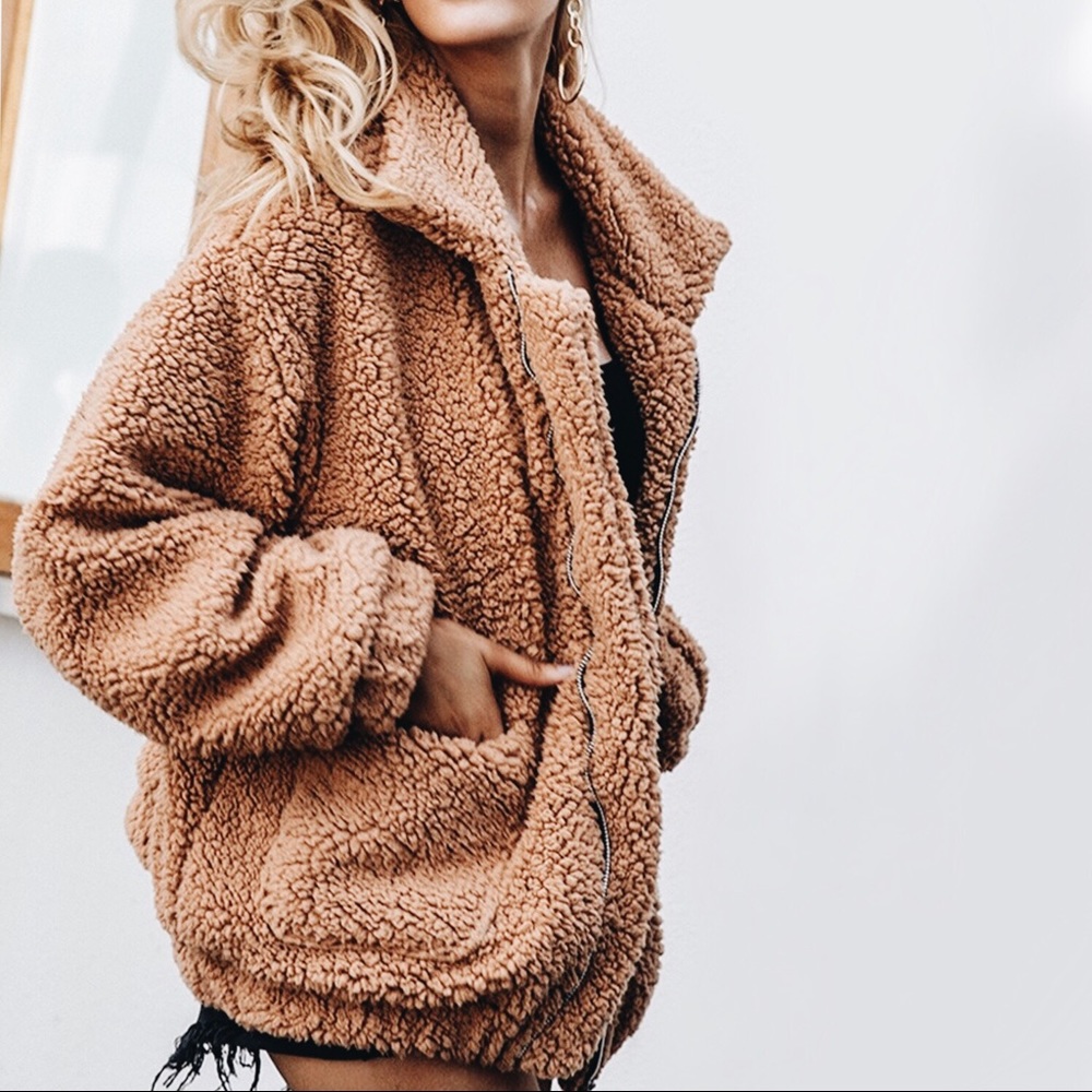 NEW! Oversized Fuzzy Teddy Jacket Camel Coat - Picture 6 of 6